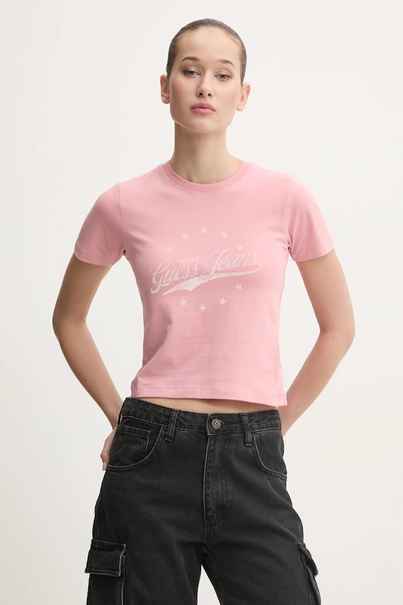 Μπλουζάκι Guess Jeans με ελαστάν ροζ W5RI59.J1314