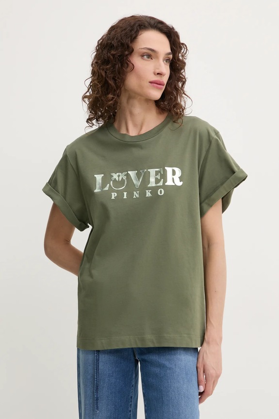 Pinko t-shirt bawełniany nadruk zielony 104605.A2D1