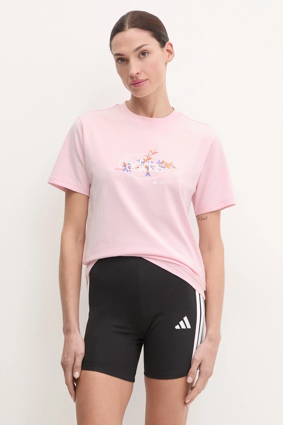 Bavlněné tričko adidas W Elem Flrl Tee nášivka růžová JP0114