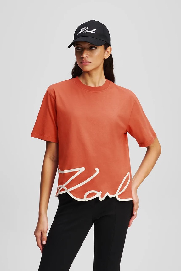 Bavlnené tričko Karl Lagerfeld KARL SIGNATURE nášivka oranžová A1W17013