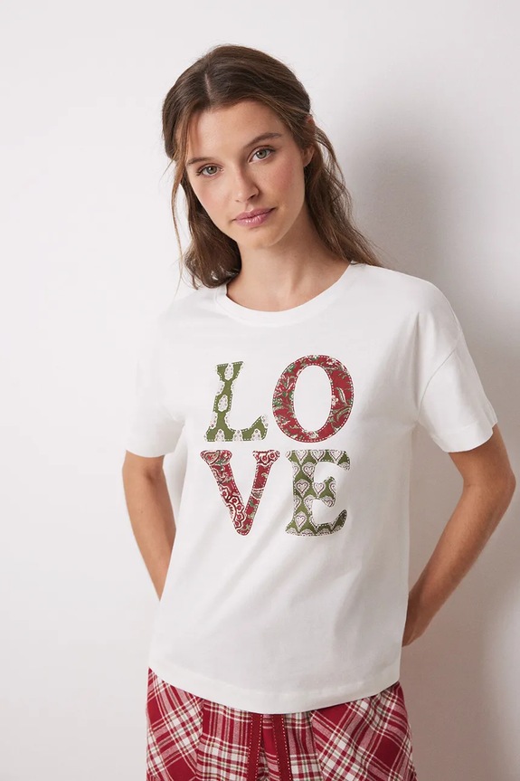Памучна тениска women'secret MIX AND MATCH LOVE ACTUALLY щампа бежов 3278422