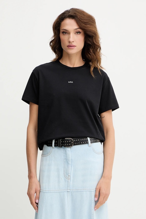 A.P.C. tricou din bumbac t-shirt boxy micro logo GOTS print negru COHBW.F26387