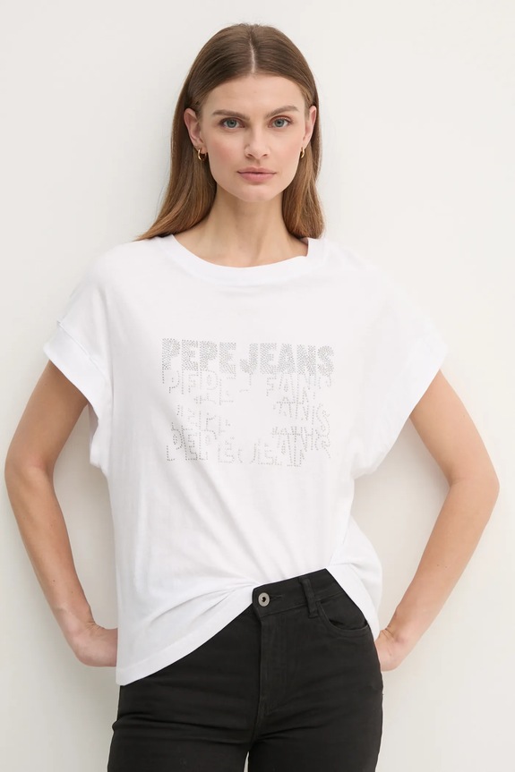 Pepe Jeans tricou din bumbac LIRA imprimeu alb PL505996