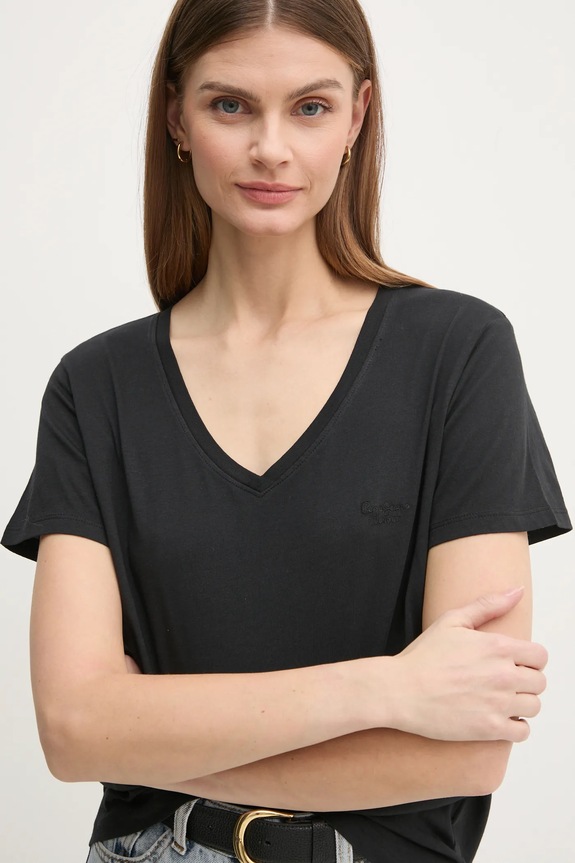 Pepe Jeans tricou din bumbac LOLLY V-NECK negru PL505999