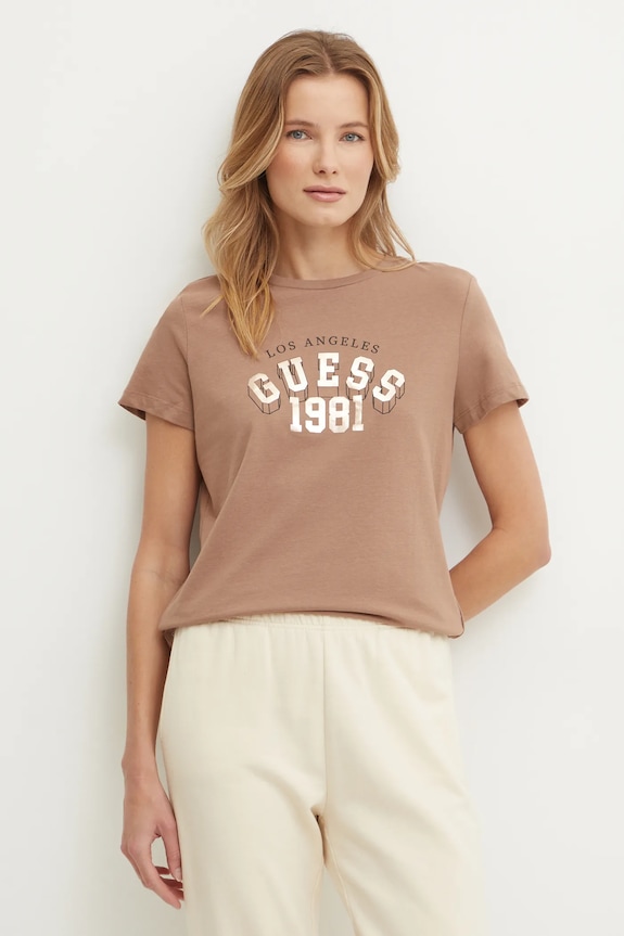 Guess t-shirt bawełniany MARTINA nadruk brązowy V5RI06.I3Z14