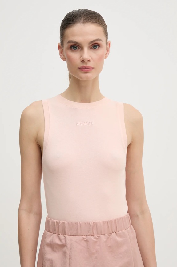 Βαμβακερό τοπ Guess GELSEY slim ροζ V5RP14.KCOI1
