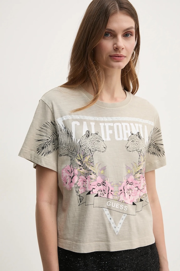 Guess t-shirt bawełniany nadruk beżowy W5RI13.K6XN4
