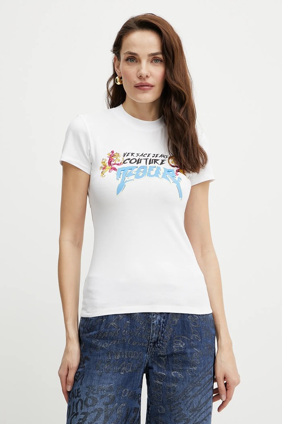 Tričko Versace Jeans Couture potisk bílá 78HAH606.J0035