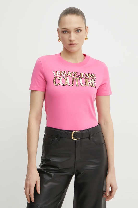 Versace Jeans Couture t-shirt in cotone applique rosa 78HAHE02.CJ00E