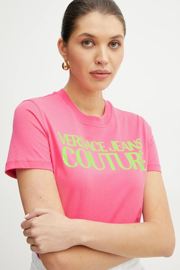 Versace Jeans Couture t-shirt bawełniany nadruk różowy 78HAHE05.CJ00E