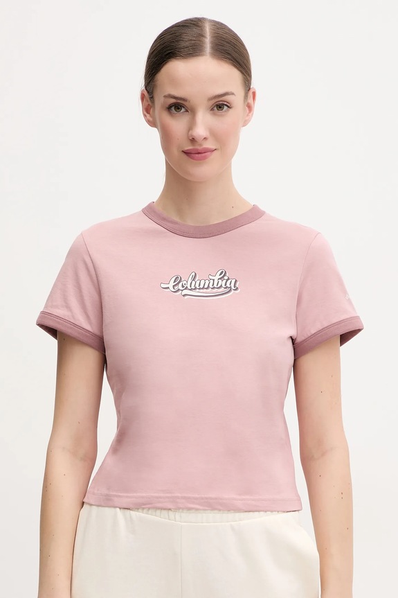 Bombažna kratka majica Columbia Rolling Bend Našitek roza 2120001