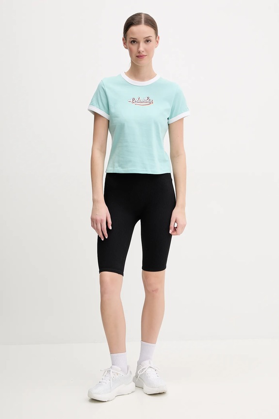 Bombažna kratka majica Columbia Rolling Bend 2120001 turkizna SS25