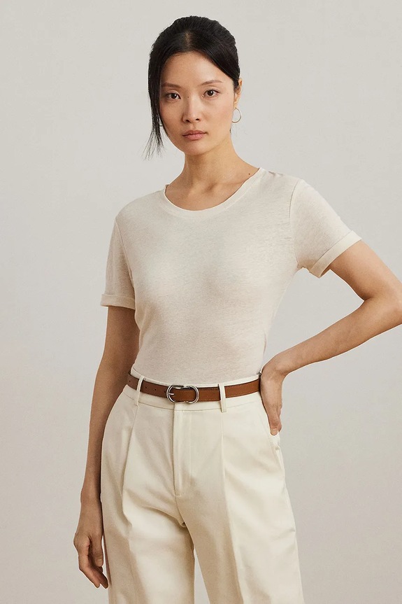 Lauren Ralph Lauren t-shirt lniany okrągły beżowy 200963871