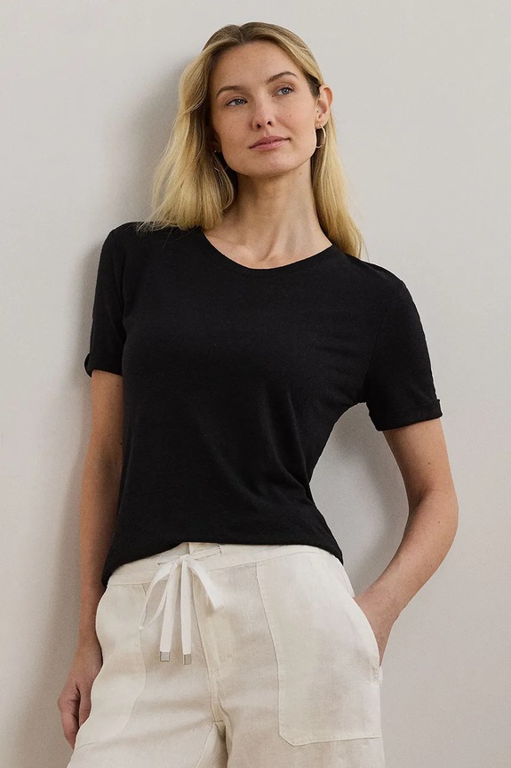Lanena kratka majica Lauren Ralph Lauren Okrogel črna 200963871