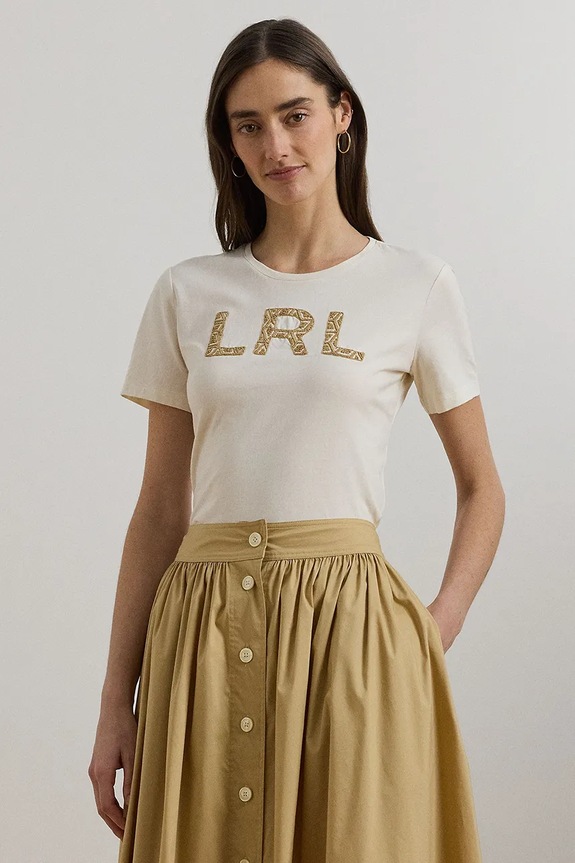 Lauren Ralph Lauren t-shirt bawełniany aplikacja beżowy 200963950