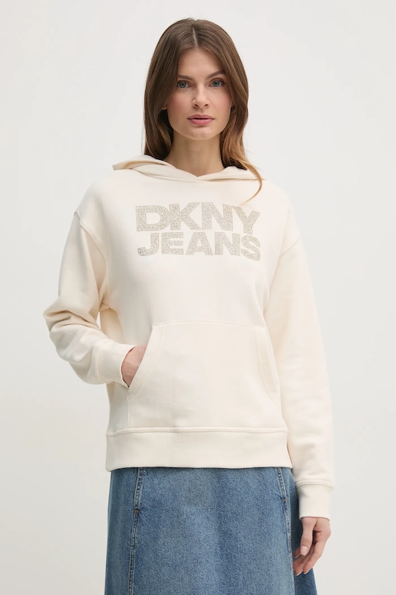 Βαμβακερή μπλούζα Dkny με κουκούλα μπεζ DJ4T1299