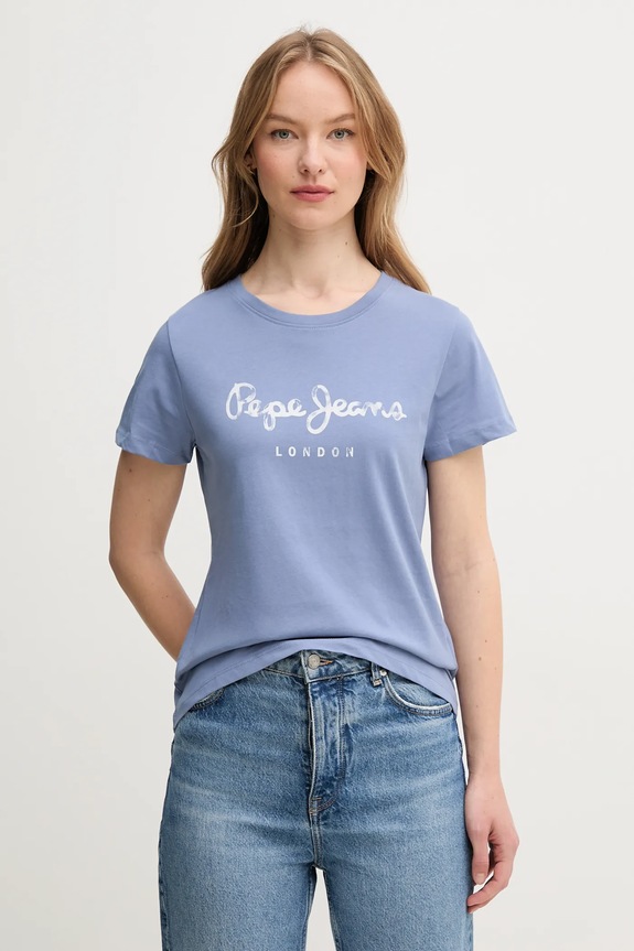 Bavlnené tričko Pepe Jeans VAL potlač modrá PL506028