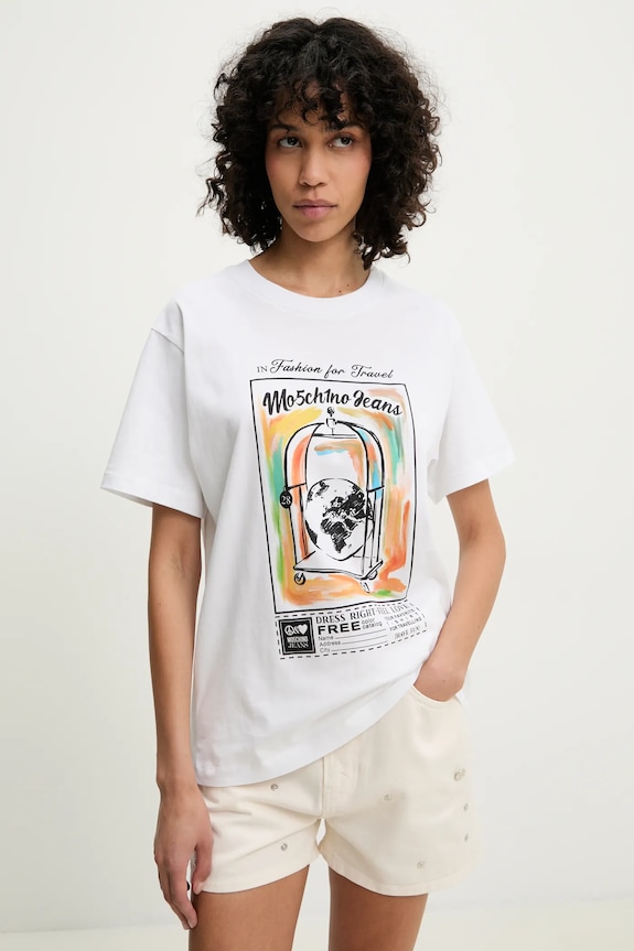 Bavlněné tričko Moschino Jeans kulatý bílá 0716.3732