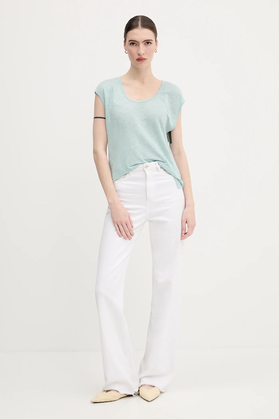 Ľanové tričko United Colors of Benetton 37UJE16B1 tyrkysová SS25