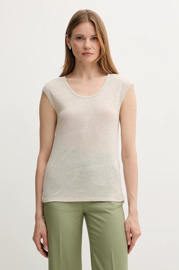 Lanena majica kratkih rukava United Colors of Benetton bez uzorka bež 37UJE16B1