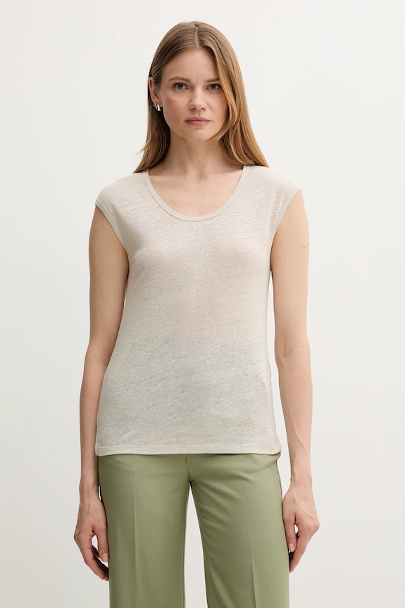 Lanena majica kratkih rukava United Colors of Benetton bez uzorka bež 37UJE16B1