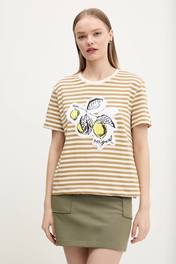 Βαμβακερό μπλουζάκι Desigual LEMON βαμβάκι μπεζ 25SWTKAE
