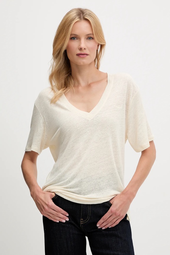 Lanena kratka majica BOSS Orange C_Ela_1 V-izrez bež 50538645