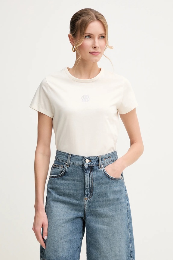 Bombažna kratka majica BOSS Brez vzorca bež 50537598