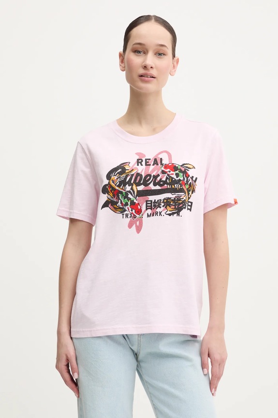 Βαμβακερό μπλουζάκι Superdry απλικέ ροζ W1011627A.9HQ