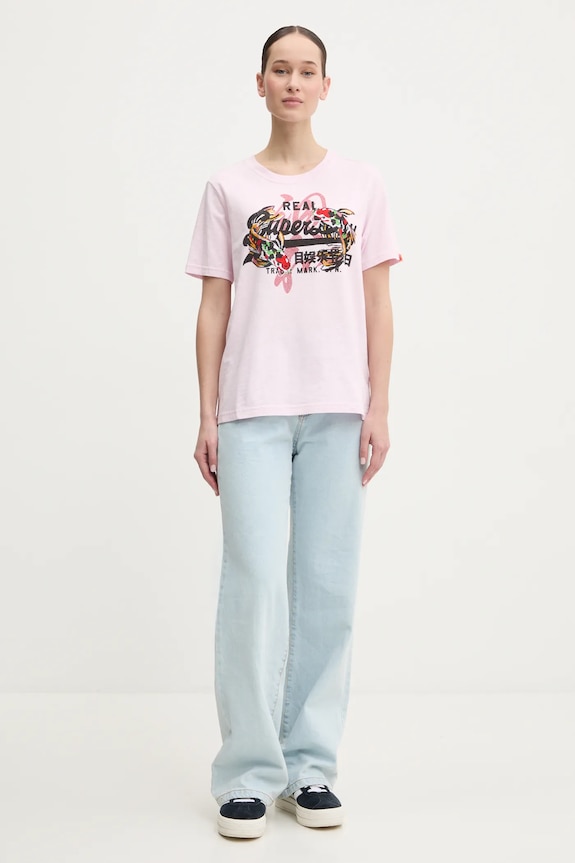 Βαμβακερό μπλουζάκι Superdry W1011627A.9HQ ροζ SS25