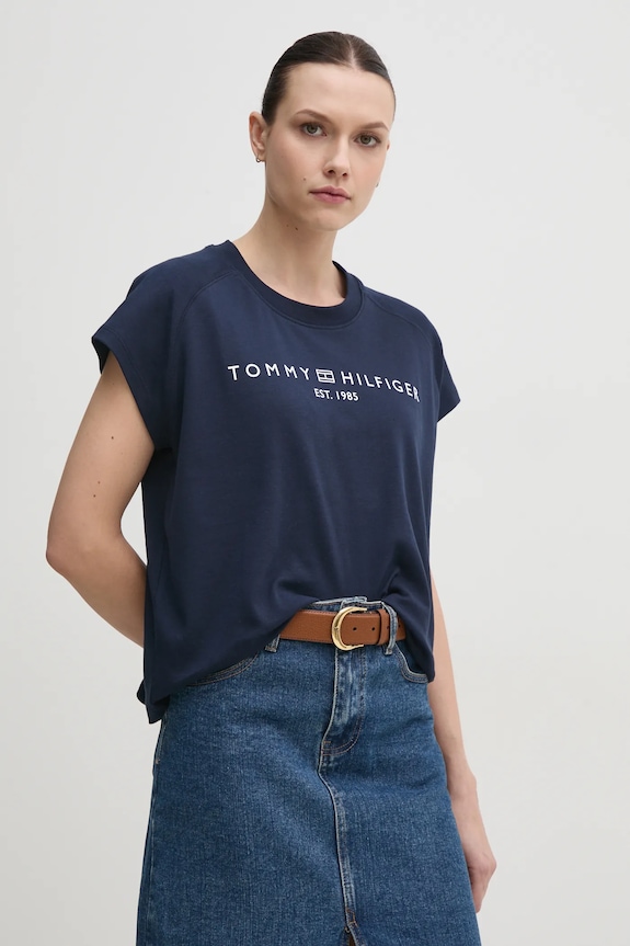 Bavlnené tričko Tommy Hilfiger relaxed tmavomodrá WW0WW46113