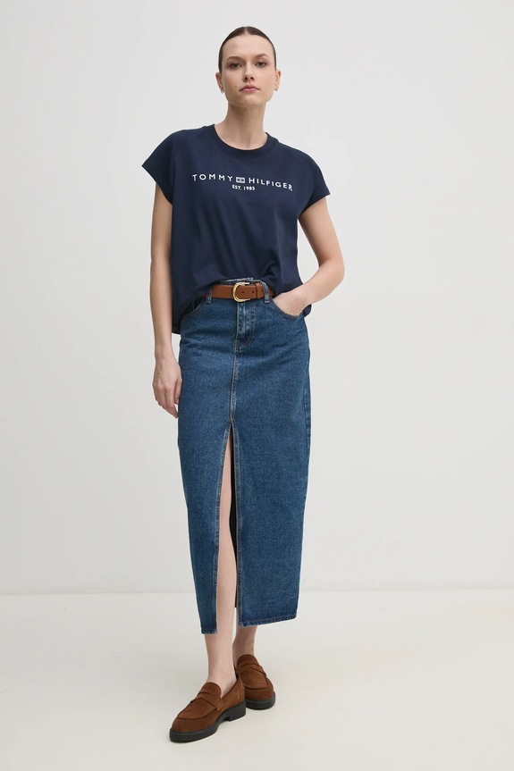 Bavlnené tričko Tommy Hilfiger WW0WW46113 tmavomodrá SS25