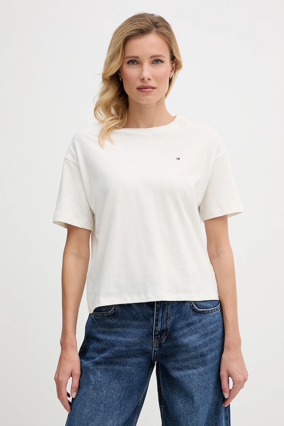 Bavlněné tričko Tommy Hilfiger kulatý béžová UW0UW05763