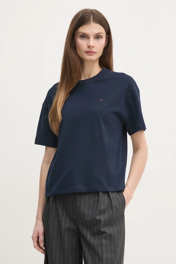 Pamučna majica Tommy Hilfiger bez uzorka mornarsko plava UW0UW05763