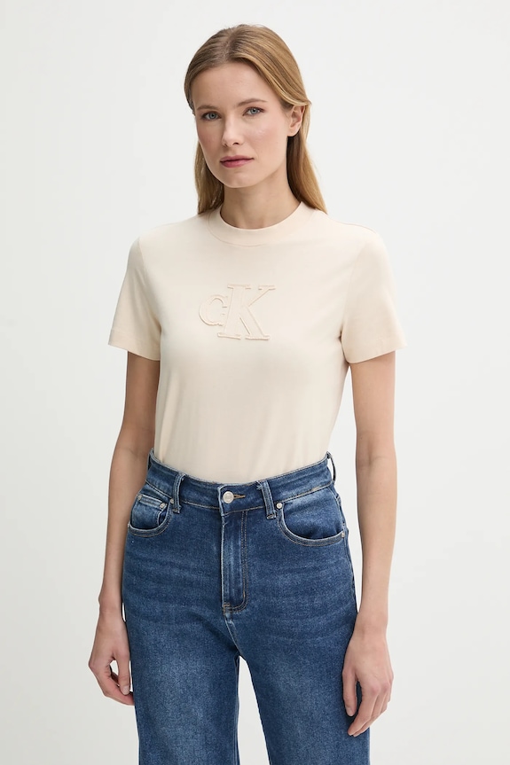 Calvin Klein Jeans tricou din bumbac imprimeu bej J20J225256