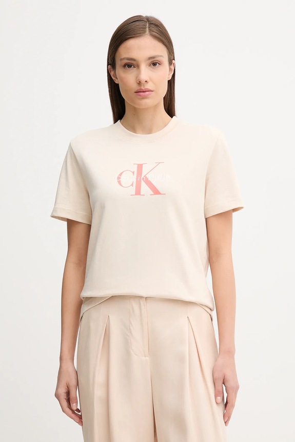 Calvin Klein Jeans t-shirt damski bawełniany nadruk beżowy LV047B865G