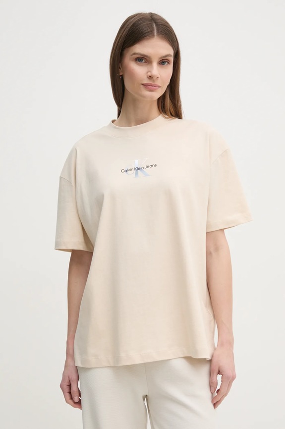 Bavlnené tričko Calvin Klein Jeans relaxed béžová J20J225521