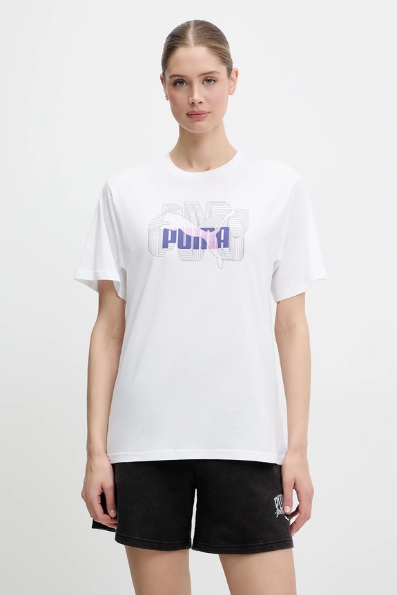 Βαμβακερό μπλουζάκι Puma στάμπα λευκό 685084.