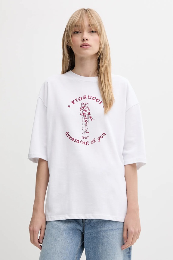 Bavlněné tričko Fiorucci White Dreaming of You Print Relaxed Fit T-Shirt kulatý bílá W02SMTSH101CJ01WH03