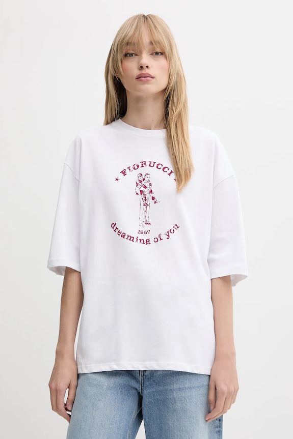 Bavlněné tričko Fiorucci White Dreaming of You Print Relaxed Fit T-Shirt kulatý bílá W02SMTSH101CJ01WH03