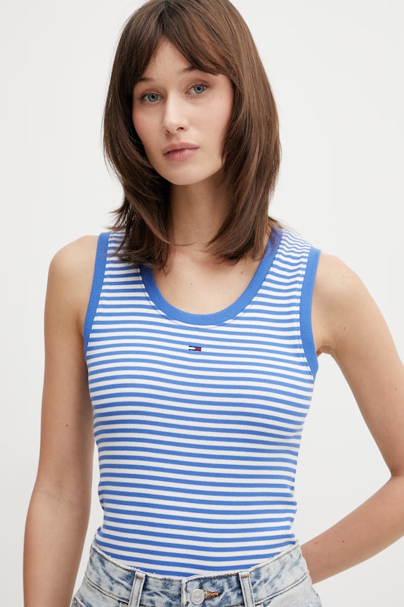 Tommy Jeans top bawełniany z elastanem niebieski DW0DW20673