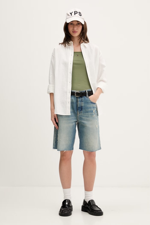 Tommy Jeans top dámský bavlněný s elastanem DW0DW20675 zelená SS26