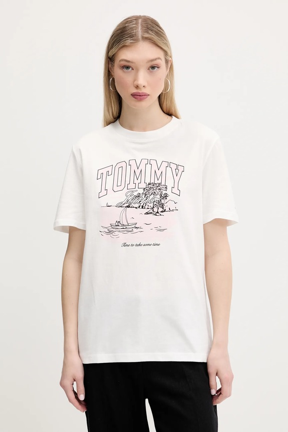 Bombažna kratka majica Tommy Jeans Okrogel bež DW0DW21343