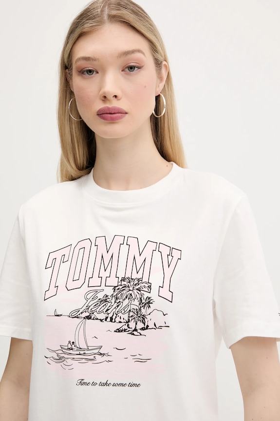 Bombažna kratka majica Tommy Jeans bež DW0DW21343