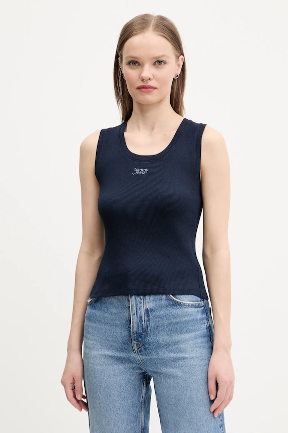 Βαμβακερό τοπ Tommy Jeans σκούρο μπλε DW0DW21369