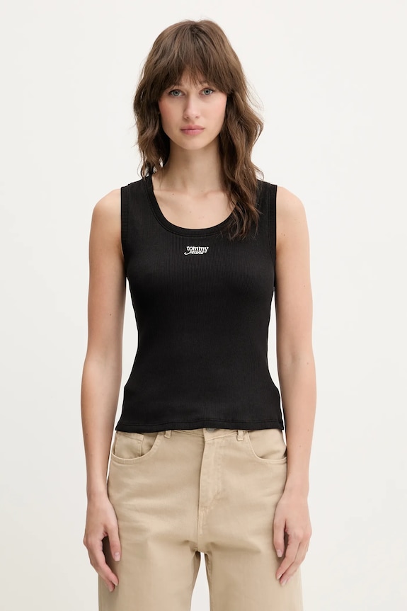 Tommy Jeans top din bumbac uni negru DW0DW21369
