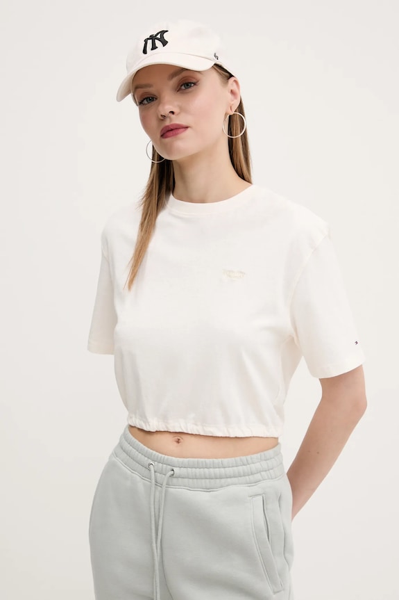 Bombažna kratka majica Tommy Jeans Okrogel bež DW0DW20324