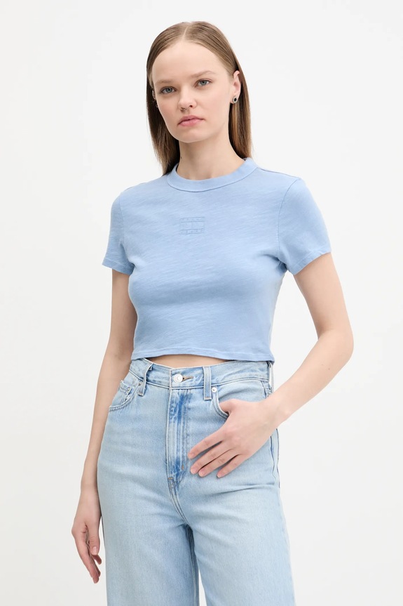 Bombažna kratka majica Tommy Jeans Potisk modra DW0DW20329