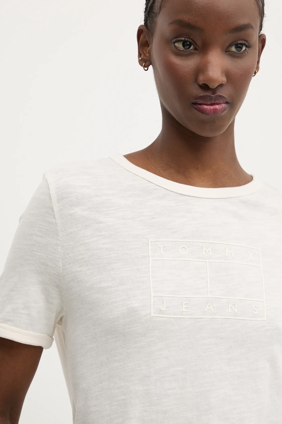 Tommy Jeans pamut póló bézs DW0DW20366