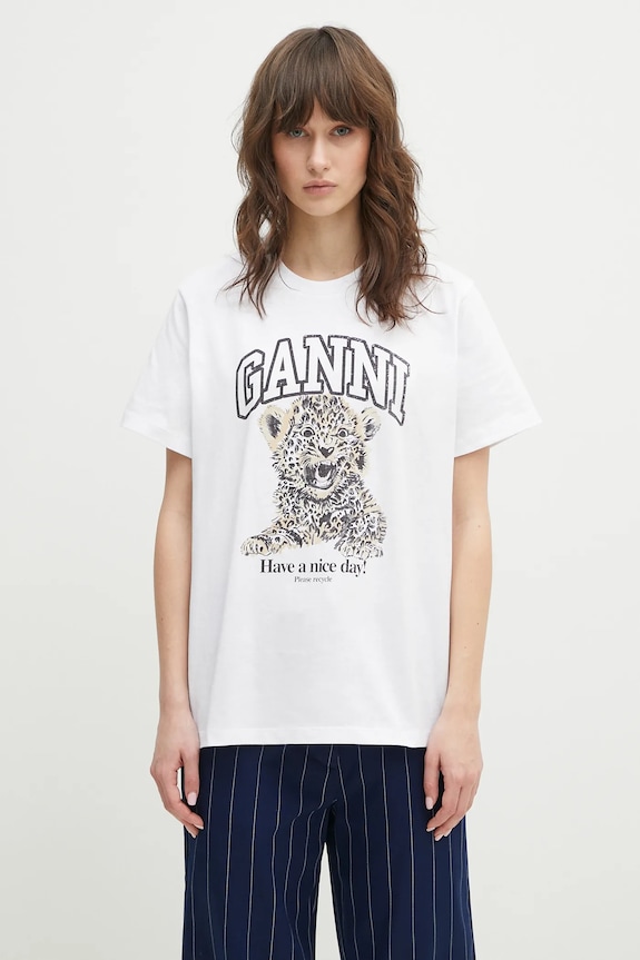 GANNI t-shirt bawełniany Basic Jersey Leopard Relaxed nadruk biały T4124